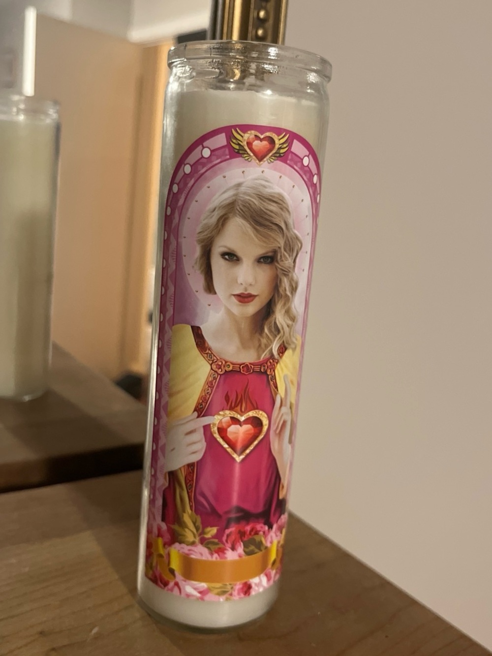 Decorative Devotional Glass Candle - Pink & White